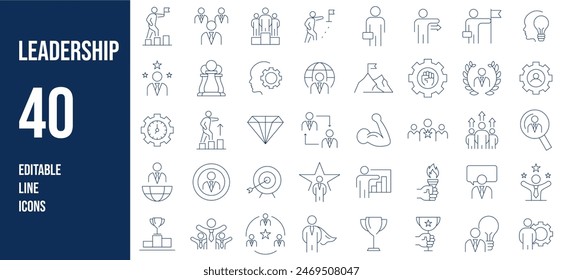 Editierbare Symbole für Führungslinien festgelegt. Vektorillustration im modernen Thin Line Stil von Management-Icons: Leiter, Delegation, Kontrolle, Verantwortung und mehr