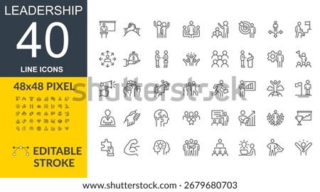 Leadership Line Icon Set, Editable Stroke Icons, Teamwork, Guidance, Success, Business Leadership Icons, Editable Vector Icons for Motivation, Coaching, Growth,  48x48 Pixel Pack Bundle