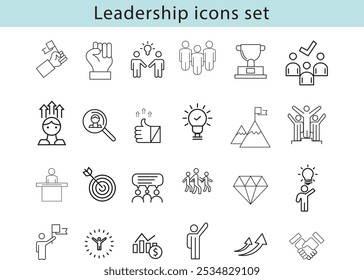 Conjunto de iconos de la línea de liderazgo. El conjunto contiene iconos: Liderazgo, Escalera del éxito, Motivación, Objetivo, Carrera, Pico de montaña, Asociación, Premio, Ganador.