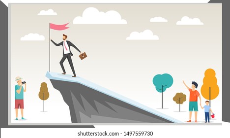Leadership. A male leader climbed to the top with a briefcase and a flag in his hand. Achieving success. Male businessman achieved success. People applaud him. Vector illustration, vector.