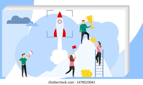 Leadership. A male leader holds a golden goblet in his hand on top of a mountain. Successful career. Vector illustration, vector.