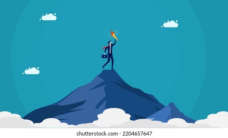 leadership. Man holding a torch on top of a mountain. vector illustration