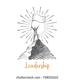 Leadership. A man stands on top of a mountain, holding a big flag in his hands. Vector business concept hand drawn sketch.