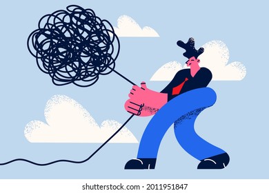 Leadership, managing problems and skills concept. Positive smart confident businessman standing controlling solving mess line problem burden vector illustration