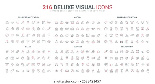 Leadership mindset and vision, collaboration, success solutions search line icon set. Business motivation, recognition awards, honor of champion thin black and red outline symbols vector illustration