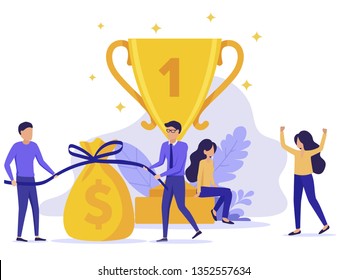 Leadership Modern UI flat illustration, Concept of success, reach the goal, come first to the finish line celebrate the victory, the first place with the medal, golden trophy cup.