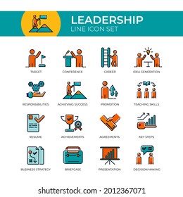 Leadership multicolor line Icon Set of Target,Conference, Idea Generation,  Responsibilities,Achieving Success, Promotion and others