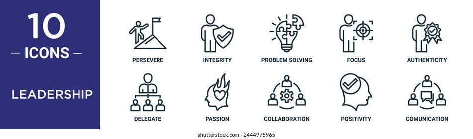 el conjunto de íconos de esquema de liderazgo incluye línea delgada perseverar, integridad, resolución de problemas, enfoque, autenticidad, delegado, iconos de pasión para el informe, presentación, diagrama, Diseño web