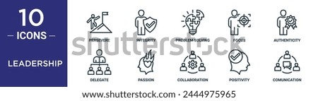 leadership outline icon set includes thin line persevere, integrity, problem solving, focus, authenticity, delegate, passion icons for report, presentation, diagram, web design