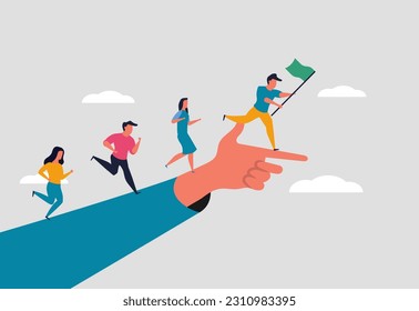 Leadership over team members. Pointer for business, a big hand shows a finger in the direction and business people run. The leader with the flag will lead to the goal. Vector illustration concept