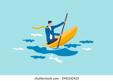 Leadership to overcome business difficulty, skill or decision making to survive in crisis concept, ambitious businessman professional kayaking or canoe boat with full effort to survive the ocean storm