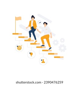 Leadership, Overcome, Progress, Climb up, startup growth. Unlock potential of business success stairs. Explore opportunities growth embrace steps to achieve ambitions and goal concept illustration