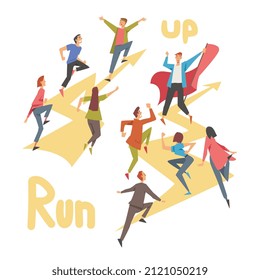 Leadership with People Character Running Forward Pursuing Goal Vector Illustration Set