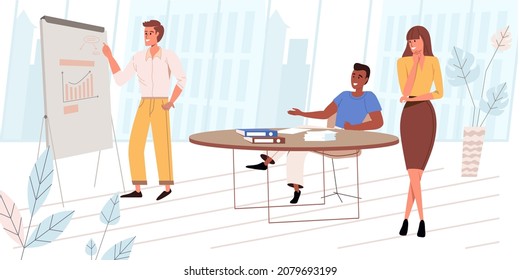 Leadership people concept in modern flat design. Employees at business meeting, making presentation, brainstorming. Business coach and team training, person scene. Vector illustration for web banner