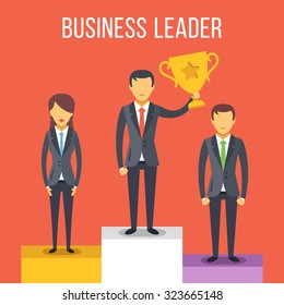 Leadership. People on pedestal. Businessman with gold cup in his hand. Business challenge. Flat design concept for web banners, web sites, printed materials, infographics. Creative vector illustration