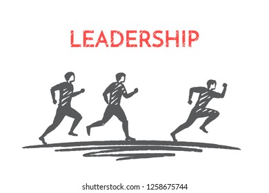 Leadership. People run a marathon. Vector business concept illustration, hand drawn sketch.