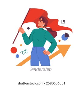 Leadership and personal growth, qualities of good employee. Vector flat cartoon character, isolated woman holding flag and leading workers to innovations and success. Boss or manager trait