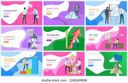 Leadership and presentation of startup ideas vector. Man giving explanation on board, teamwork achieving successful results. Finance making profits