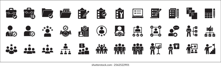 Leadership professional icon set. Task and job icons. Containing icons of occupation, assignment, management, business, motivation, specialist, briefcase, accounting, list. Vector illustration