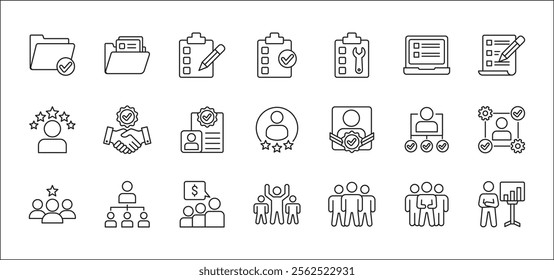 Leadership professional icon set. Task and job icons. Containing icons of occupation, assignment, management, business, motivation, specialist, briefcase, accounting, list. Thin line icon design.