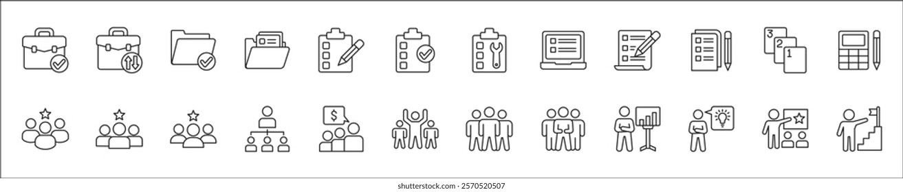 Leadership professional icon set. Task and job icons. Containing icons of occupation, assignment, management, business, motivation, specialist, briefcase, accounting, list. Thin line icon design.