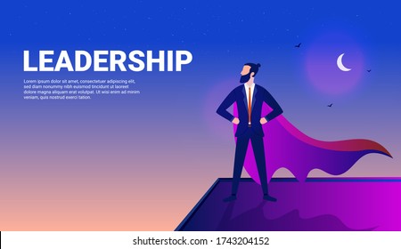 Leadership - Proud and strong businessman standing on rooftop with superhero cape at night. Moon stars and birds in background. Space for text. Strength, powerful leader and success concept. Vector.
