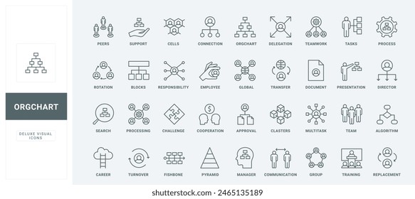 Leadership pyramid, communication between groups and teams thin black and red outline symbols, organogram vector illustration. Structure and hierarchy of corporate company, org chart line icons set