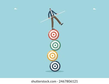 Leadership qualities for great success in achieving business goals, intelligence or motivation for high results, mentoring for goal setting, career growth, man holding balance on stack of dart boards.