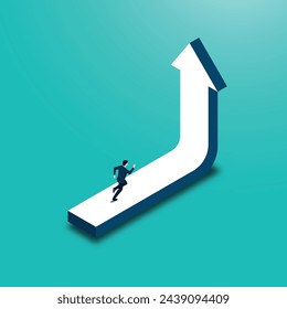 Leadership to reach business success. Businessman running to the top of the arrow graph. Business concept of goals, success, ambition, achievement and challenges. Vector illustration