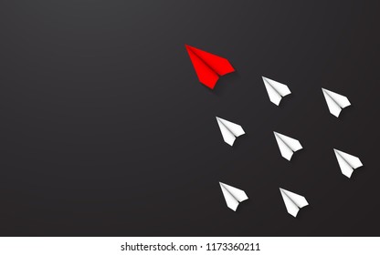 Leadership of Red paper airplane concept between white paper airplane on black background. Key man and Business successful with one direction together. CEO boss teamwork origami vector illustration.