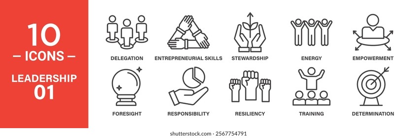 Leadership and Responsibility Icon Set: 10 Editable Vector Icons Highlighting Delegation, Empowerment, and Determination.