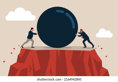 Leadership rivalry between two entrepreneur pushing a boulder against each other to eliminate from competition. Vector illustration.