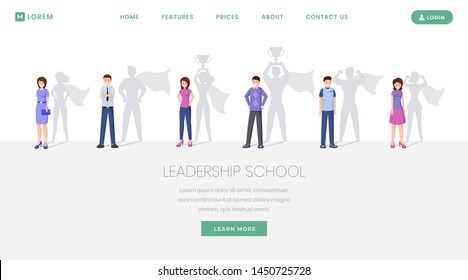 Leitende Schule Landing Page Vektorvorlage. Schulungen, Seminare für Führungspersonal Entwicklung Website, Webseite. Motivierte Menschen, Mann und Frau mit Superhelden-Schattencharakter 