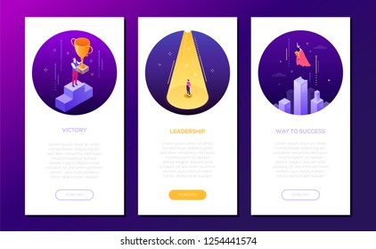 Leadership - set of isometric vector vertical web banners on purple background with copy space for text. Images of businessman, businesswoman winning. Victory, way to success, business hero concepts