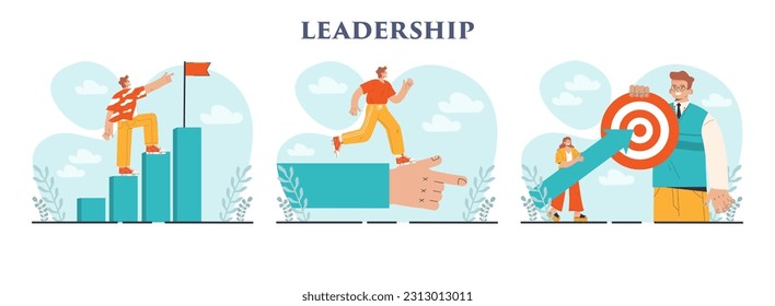 Leadership set. Manager leading a workteam towards success. Strategy and business planning. Coaching and personnel efficiency improvement. Flat vector illustration