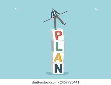 Leadership in setting plan or course for business development, motivation in achieving business goals, determination for great success or heights in work, man balancing on cubes with plan inscription.