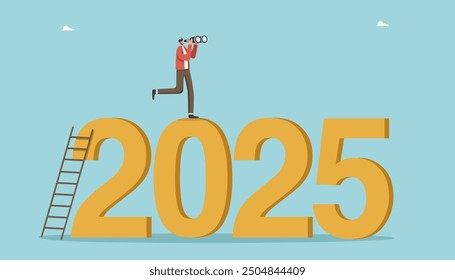 Leadership in setting plan or course for business development in 2025, motivation in achieving goals, determination for great success or heights, man looking through binoculars and stands on 2025.