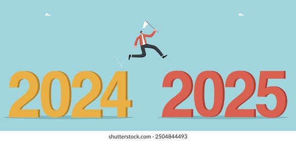 Leadership in setting plan or course for business development in 2025, motivation in achieving goals in future year, determination for great success or heights, man jumps from 2024 to 2025.