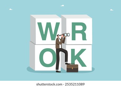 Leadership in setting plan or course for business development, motivation in achieving business goals, determination for great success and heights, man looking through binoculars near cubes work.