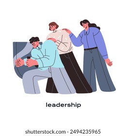 Leadership skill concept. Leader and team challenge obstacles, solve problems together. Office worker leads employees to success. Support, help in teamwork. Flat isolated vector illustration on white