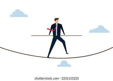 Leadership skill to lead company in crisis situation, confidence businessman leader acrobat walk balance on danger high rope and try to solve tightrope problem.