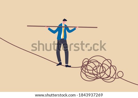 Leadership skill to lead company in crisis situation, manage to solve risky problem concept, confidence businessman leader acrobat walk balance on danger high rope and try to solve tightrope problem.