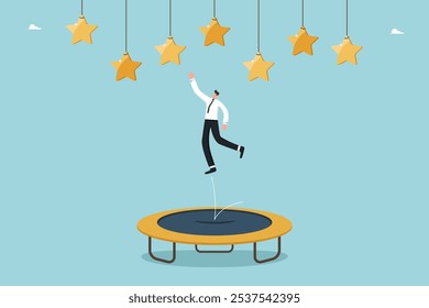 Leadership skills in achieving business goals, intelligence or motivation for success or high results, hard work to achieve excellence in work, man tries to grab a star from a trampoline.