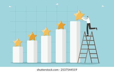 Habilidades de liderazgo para lograr el éxito, inteligencia o motivación para el éxito o un alto resultado, precisión en el establecimiento de objetivos, planificación de camino para lograr la excelencia en el trabajo, el hombre pone la estrella en la parte superior de la tabla.