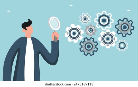 Leadership skills in finding solution to problem, creative ways out of business problems, analysis or optimization of work, technical support or service in unforeseen situation, man examines mechanism