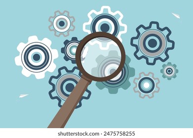 Leadership skills in finding solution to problem, creative ways out of business problems, analysis or optimization of work, technical support or service in unforeseen situation, loupe shows mechanism.
