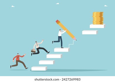 Leadership skills to increase investment portfolio, overcoming difficulties for financial stability, motivation to increase income and salary, businessmen run to coins at the top of the steps.