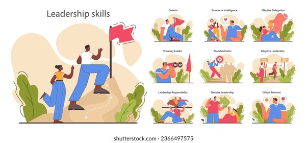 Leadership skills set. Top manager soft skills and professional qualities leading a work team towards success. Coaching, motivation and personnel efficiency improvement. Flat vector illustration