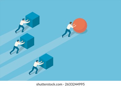 Leadership and smart work concept. A businessman moves faster with a red ball while others push cubes. Vector illustration.