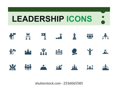 Colección de iconos sólidos de liderazgo. Incluye responsabilidad sólida, discusión, líder, instructor, organización, ejecutivo y más. Conjunto de iconos web simples. Ilustración vectorial.